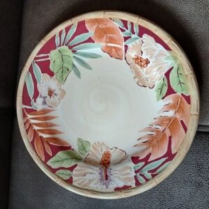 Home Trends Hibiscus And Bamboo Dinner Plate Burgundy, Cream And Green